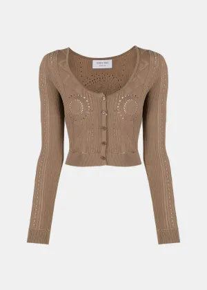 Beige Pointelle-Knit Cropped Cardigan