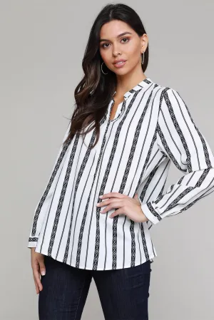 Classic Black White Striped V Neck Button Up Blouse