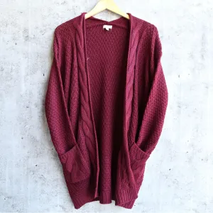 Final Sale - Dreamers by Debut Cable Knit Open Cardigan - Burgundy