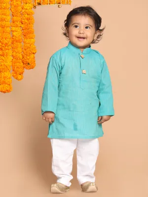 VASTRAMAY Boy's Green Striped Pure Cotton Kurta