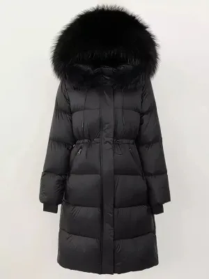 Women’s Drawstring Waist Long Down Coat in Black with Black Fur Hood